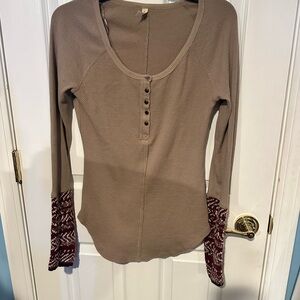 Free People Taupe and Burgundy Long Sleeve Top